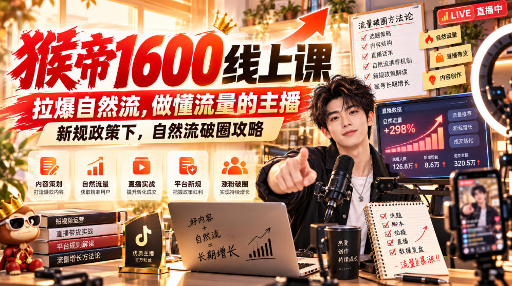 猴帝1600线上课，拉爆自然流，做懂流量的主播，新规政策下，自然流破圈攻略【更新260926】-网创百晓生