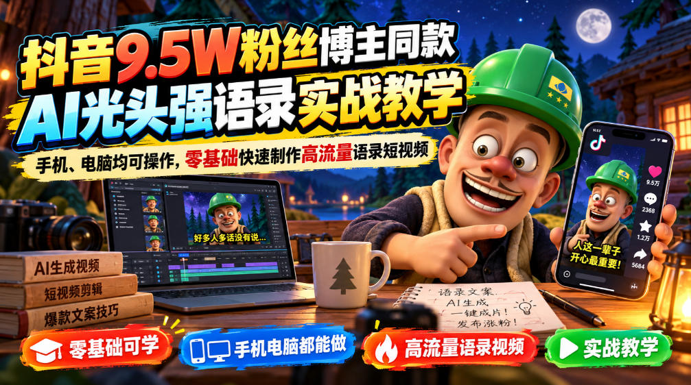 抖音9.5W粉丝博主同款AI光头强语录实战教学，手机、电脑均可操作，零基础快速制作高流量语录短视频-邪修侠 - 演示