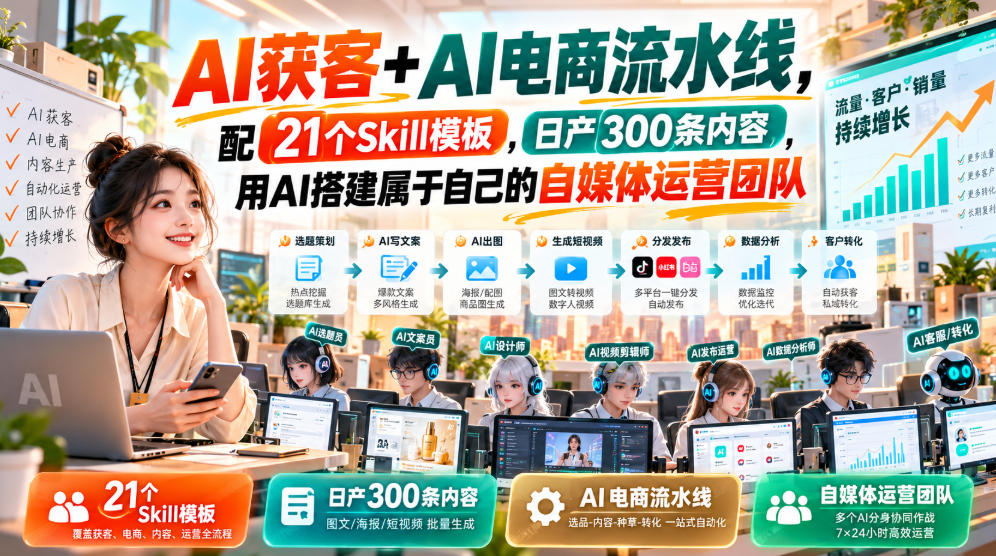 AI获客+AI电商流水线，配21个Skill模板，日产300条内容，用AI搭建属于自己的自媒体运营团队-邪修侠 - 演示