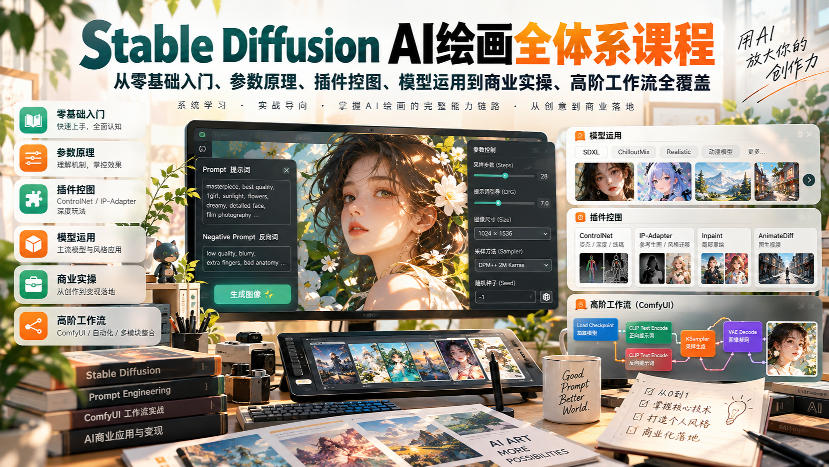 【无水印】Stable Diffusion AI绘画全体系课程，从零基础入门、参数原理、插件控图、模型运用到商业实操、高阶工作流全覆盖-网创百晓生