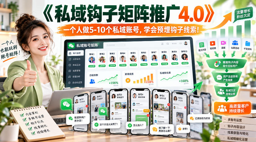 【无水印】《私域钩子矩阵推广4.0》一个人做5-10个私域账号，学会预埋钩子线索！-网创百晓生