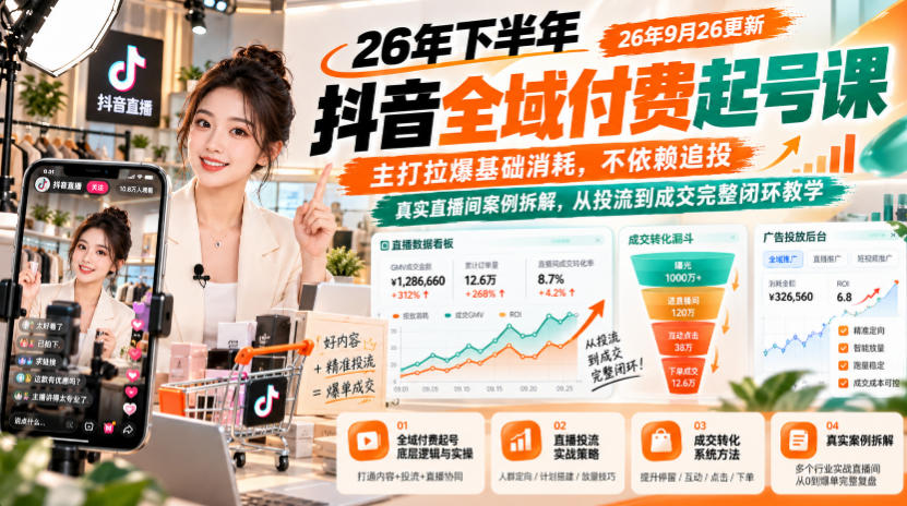 26年下半年抖音全域付费起号课26年9月26更新，主打拉爆基础消耗，不依赖追投，真实直播间案例拆解，从投流到成交完整闭环教学-怪兽网创俱乐部