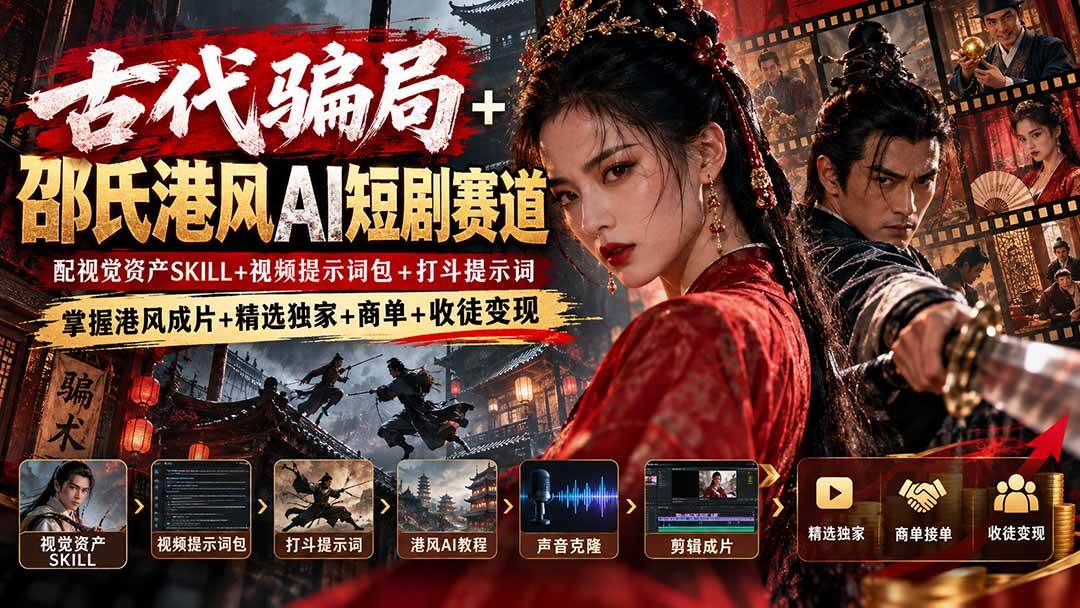 （20684期）古代骗局+邵氏港风AI短剧赛道：配视觉资产SKILL+视频提示词包+打斗提示词，掌握港风成片+精选独家+商单+收徒变现-网创百晓生