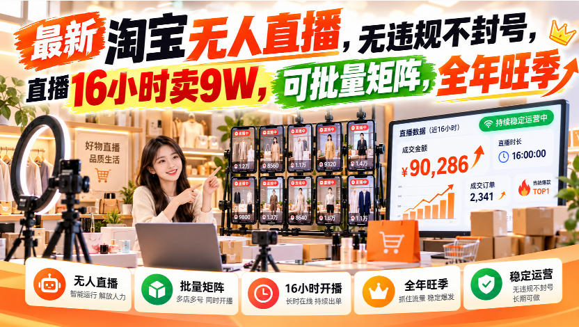 最新淘宝无人直播,无违规不封号,直播16小时卖9W,可批量矩阵,全年旺季【揭秘】-邪修侠 - 演示