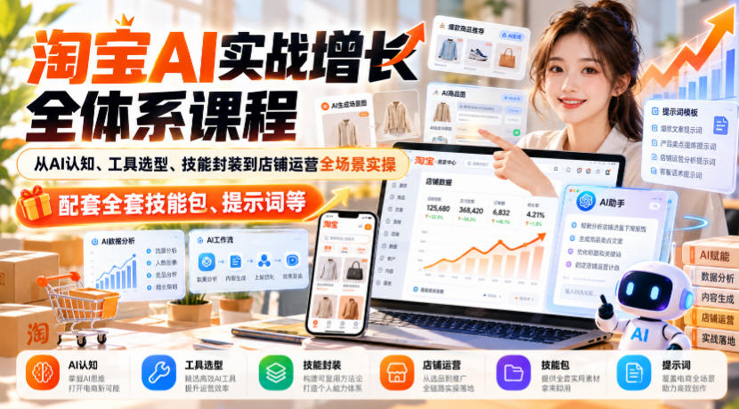 淘宝AI实战增长全体系课程，从AI认知、工具选型、技能封装到店铺运营全场景实操，配套全套技能包、提示词等-邪修侠 - 演示