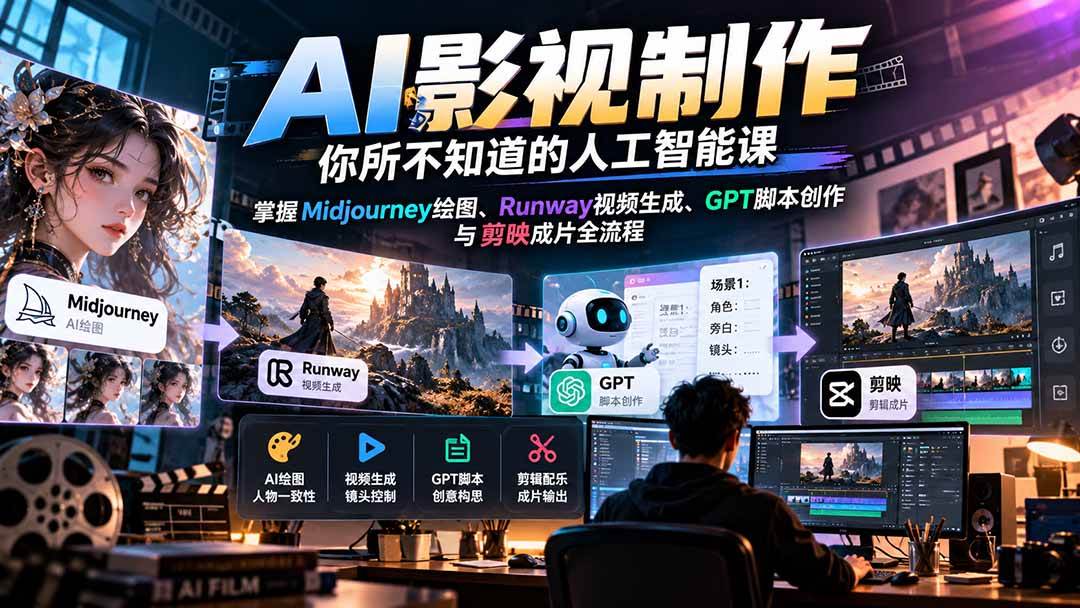 （20681期）AI影视制作-你所不知道的人工智能课，掌握Midjourney绘图、Runway视频生成、GPT脚本创作与剪映成片全流程-网创百晓生