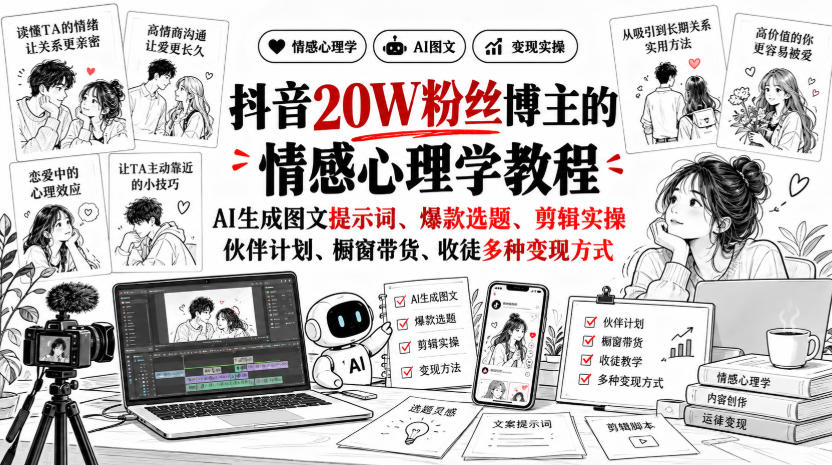 抖音20W粉丝博主的情感心理学教程，AI生成图文提示词、爆款选题、剪辑实操，伙伴计划、橱窗带货、收徒多种变现方式-邪修侠 - 演示