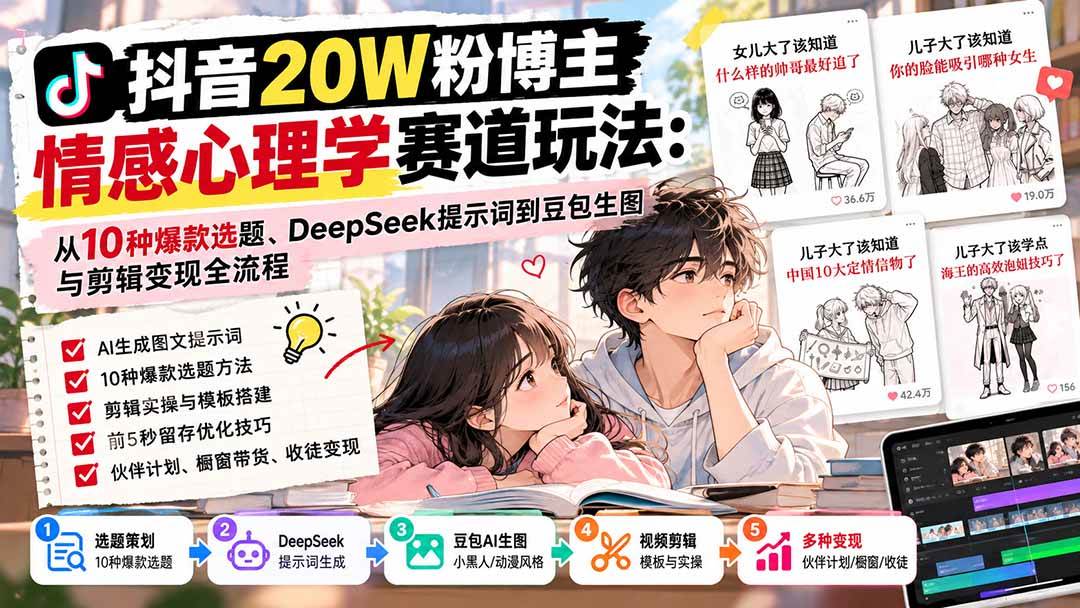 （20688期）抖音20W粉博主-情感心理学赛道玩法：从10种爆款选题、DeepSeek提示词到豆包生图与剪辑变现全流程-邪修侠 - 演示