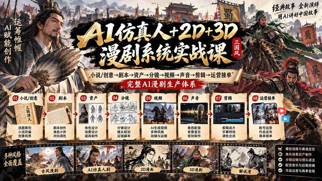 （20685期）AI仿真人+2D+3D漫剧系统实战课：小说/创意→剧本→资产→分镜→视频→声音→剪辑→运营接单，完整AI漫剧生产体系-网创百晓生