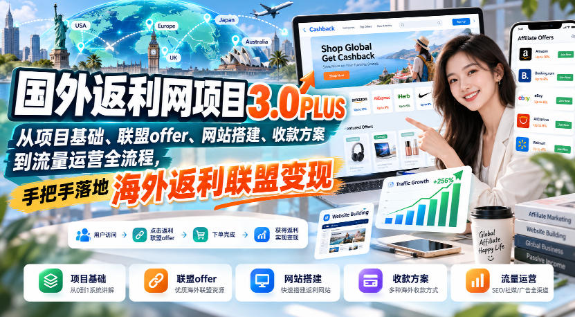 国外返利网项目3.0PLUS，从项目基础、联盟offer、网站搭建、收款方案到流量运营全流程，手把手落地海外返利联盟变现-邪修侠 - 演示