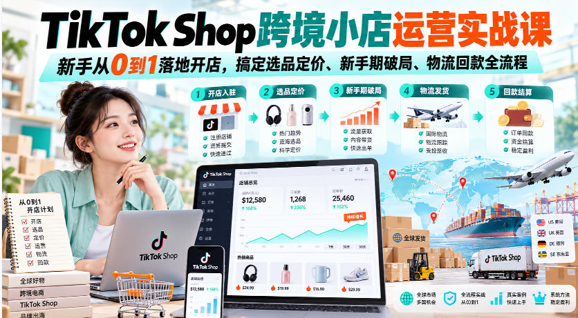 TikTok Shop跨境小店运营实战课，新手从0到1落地开店，搞定选品定价、新手期破局、物流回款全流程-怪兽网创俱乐部
