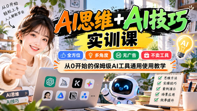 【无水印】AI思维+AI技巧实训课，全方位、多角度、无广告、不卖工具，从0开始的保姆级AI工具通用使用教学-网创百晓生
