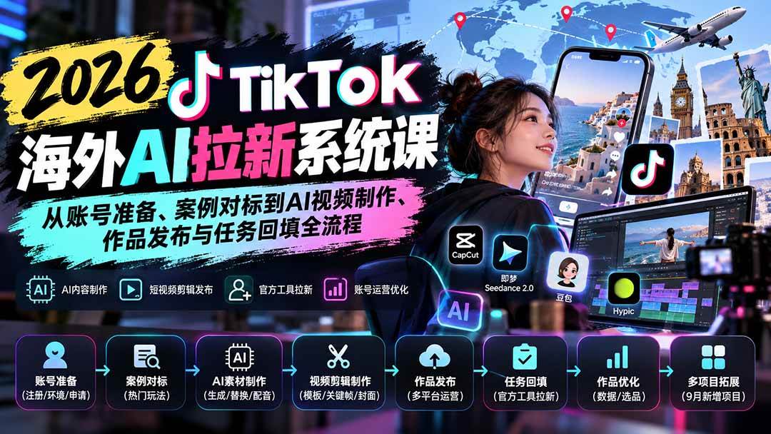 （20675期）【无水印】2026 TikTok海外AI拉新系统课：从账号准备、案例对标到AI视频制作、作品发布与任务回填全流程-邪修侠 - 演示