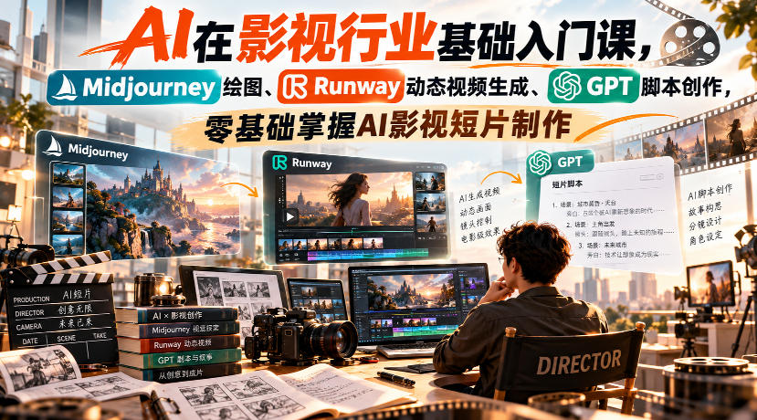 【无水印】AI在影视行业基础入门课，Midjourney绘图、Runway动态视频生成、GPT脚本创作，零基础掌握AI影视短片制作-网创百晓生