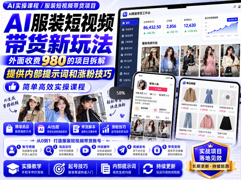 外面收费980AI快手带货系统课程，内部课程首次外放，操作简单高效，一分钟一条爆款视频-网创百晓生