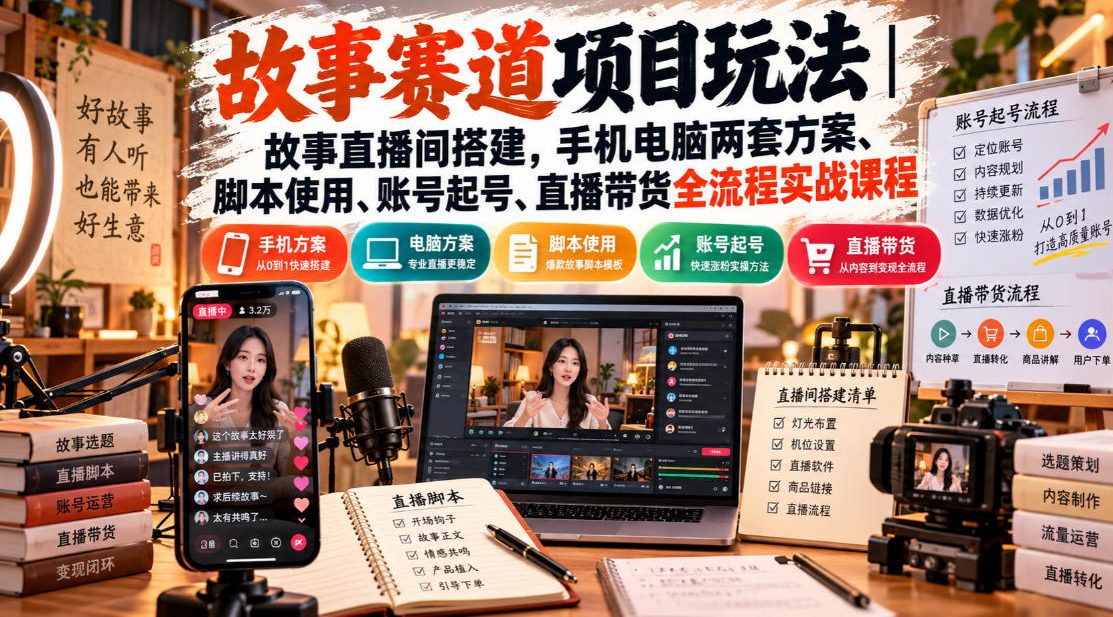 故事赛道项目玩法｜故事直播间搭建，手机电脑两套方案、脚本使用、账号起号、直播带货全流程实战课程-邪修侠 - 演示
