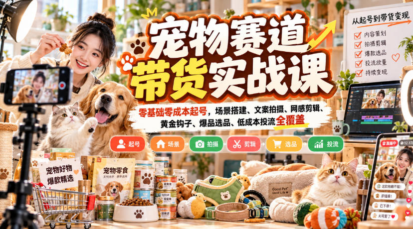宠物赛道带货实战课，零基础零成本起号，场景搭建、文案拍摄、网感剪辑、黄金钩子、爆品选品、低成本投流全覆盖-网创百晓生