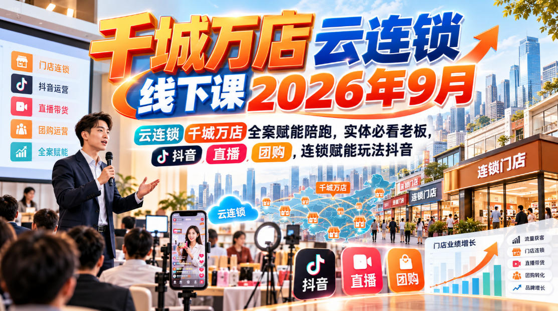 千城万店云连锁线下课2026年9月，云连锁千城万店全案赋能陪跑，实体必看老板，抖音，直播，团购，连锁赋能玩法抖音-网创百晓生