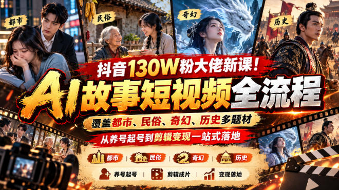 抖音130W粉大佬新课!AI故事短视频全流程,覆盖都市、民俗、奇幻、历史多题材,从养号起号到剪辑变现一站式落地-优优云网创-中创网