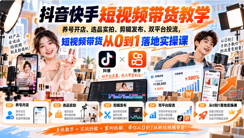 抖音快手短视频带货教学｜养号开店、选品实拍、剪辑发布、双平台投流，短视频带货从0到1落地实操课-邪修侠 - 演示