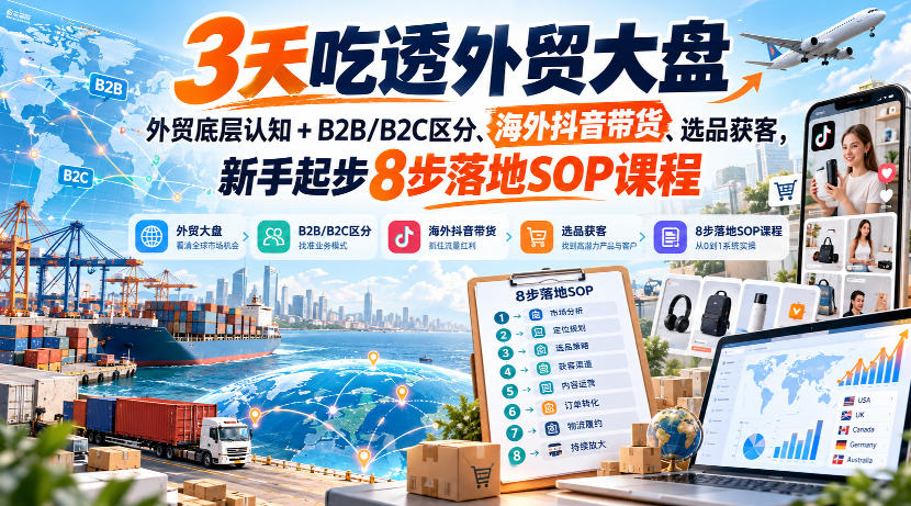 3天吃透外贸大盘，外贸底层认知+B2B/B2C区分、海外抖音带货、选品获客，新手起步8步落地SOP课程-怪兽网创俱乐部