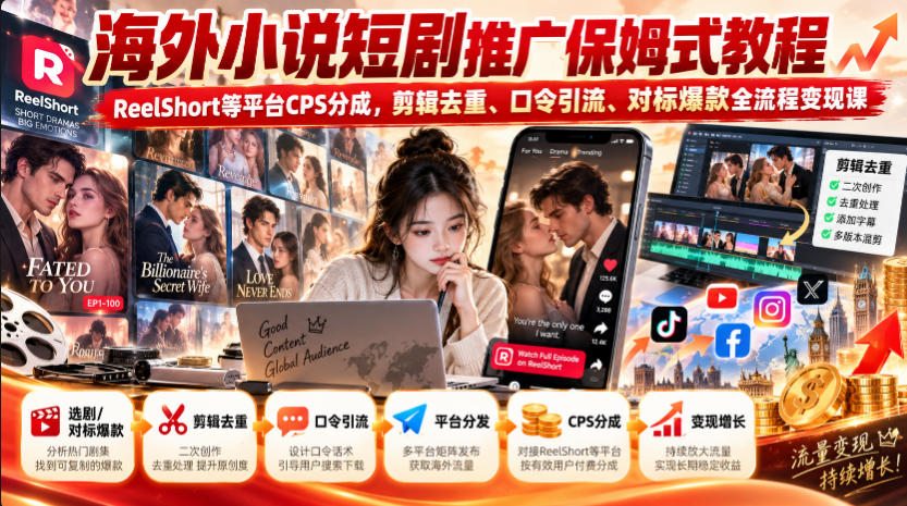 海外小说短剧推广保姆式教程｜ReelShort等平台CPS分成，剪辑去重、口令引流、对标爆款全流程变现课亿创资源网_优质资源分享平台_一站式资源获取亿创资源网 | 优质资源分享平台_一站式资源获取