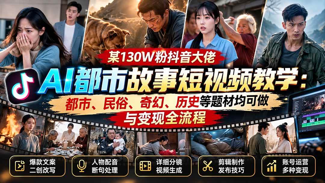 （20692期）某130W粉抖音大佬AI都市故事短视频教学：都市、民俗、奇幻、历史等题材均可做与变现全流程-网创百晓生