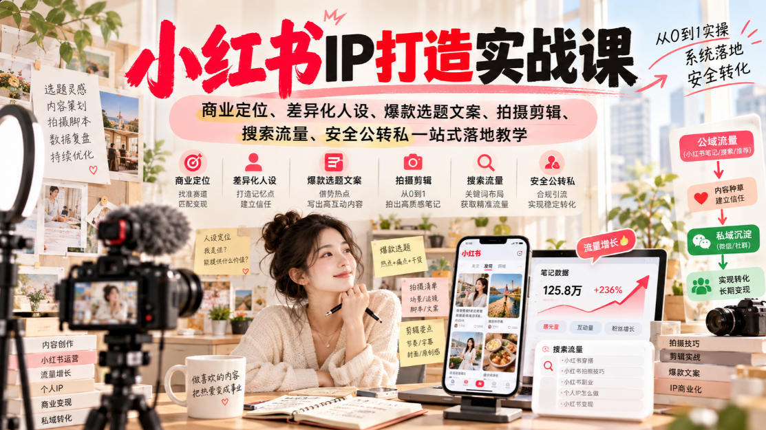 小红书ip打造实战课，商业定位、差异化人设、爆款选题文案、拍摄剪辑、搜索流量、安全公转私一站式落地教学-邪修侠 - 演示