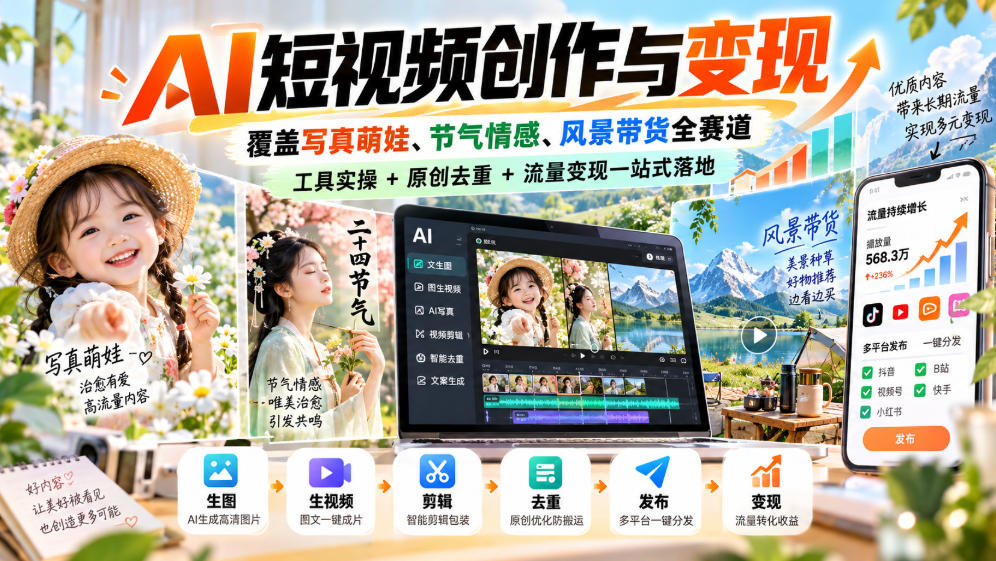 AI短视频创作与变现，覆盖写真萌娃、节气情感、风景带货全赛道，工具实操+原创去重+流量变现一站式落地-邪修侠 - 演示