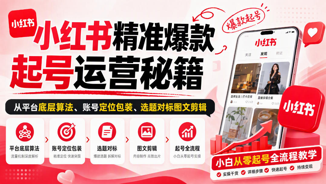 小红书精准爆款起号运营秘籍，从平台底层算法、账号定位包装、选题对标图文剪辑，小白从零起号全流程-邪修侠 - 演示