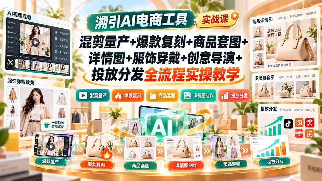 （20724期）溯引AI电商工具实战课：混剪量产+爆款复刻+商品套图+详情图+服饰穿戴+创意导演+投放分发全流程实操教学