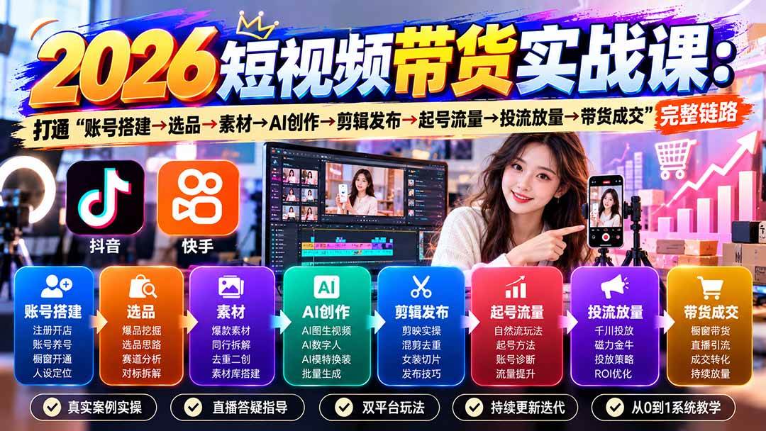 （20731期）2026短视频带货实战课9月：打通“账号搭建→选品→素材→AI创作→剪辑发布→起号流量→投流放量→带货成交”完整链路-怪兽网创俱乐部