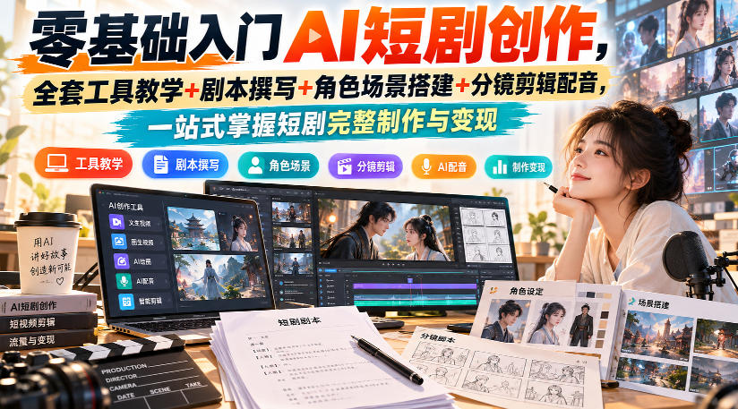 零基础入门AI短剧创作，全套工具教学+剧本撰写+角色场景搭建+分镜剪辑配音，一站式掌握短剧完整制作与变现-网创百晓生