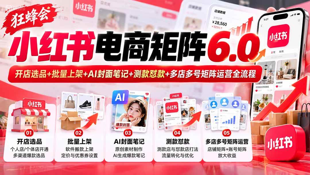 （20732期）【无水印】狂蜂会小红书电商矩阵6.0：开店选品+批量上架+AI封面笔记+测款怼款+多店多号矩阵运营全流程-怪兽网创俱乐部