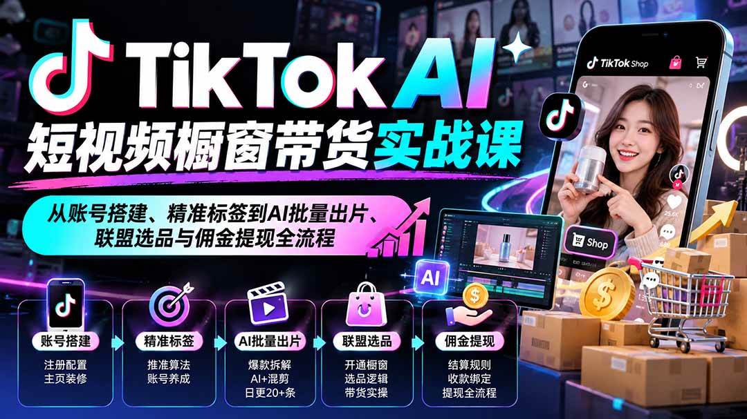 （20725期）TikTok AI短视频橱窗带货实战课：从账号搭建、精准标签到AI批量出片、联盟选品与佣金提现全流程-邪修侠 - 演示