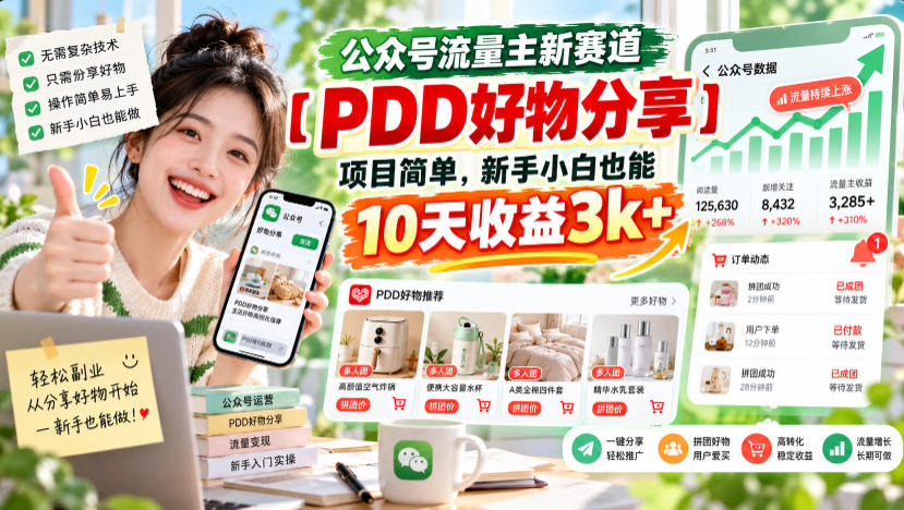 公众号流量主新赛道【PDD好物分享】，项目简单，新手小白也能10天收益3k+-怪兽网创俱乐部