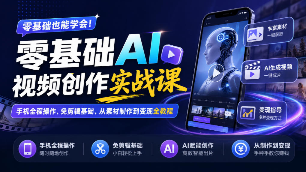 零基础AI视频创作实战课｜手机全程操作、免剪辑基础、从素材制作到变现全教程-网创百晓生
