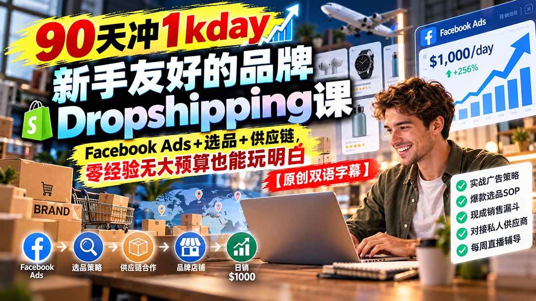(20738期)90天冲1kday 新手友好的品牌Dropshipping课:Facebook Ads+选品+供应链,零经验无大预算也能玩明白【原创双语字幕】-邪修侠