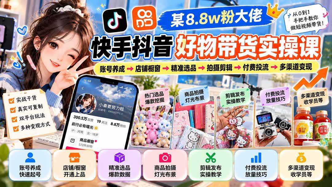 （20733期）某8.8w粉大佬快手抖音好物带货实操课：账号养成→店铺橱窗→精准选品→拍摄剪辑→付费投流→多渠道变现-怪兽网创俱乐部