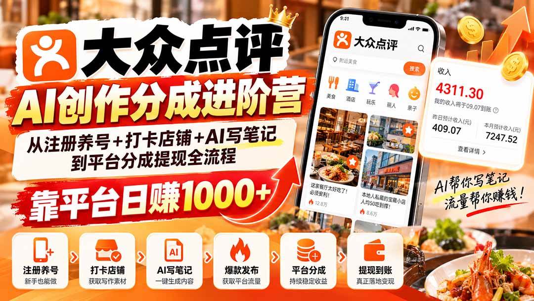 （20759期）大众点评AI创作分成进阶营：从注册养号+打卡店铺+AI写笔记到平台分成提现全流程，靠平台日赚1000+-奇点库
