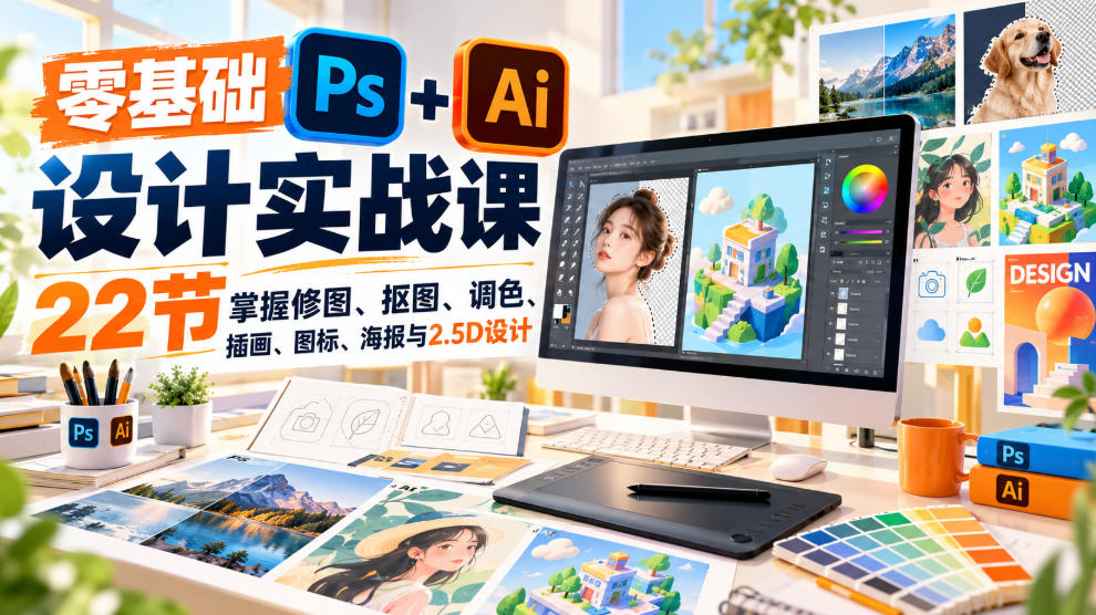 【无水印】零基础PS+AI设计实战课｜22节掌握修图、抠图、调色、插画、图标、海报与2.5D设计-副业资源网