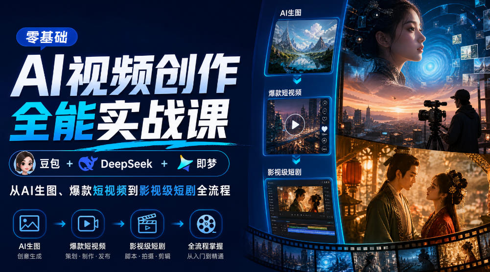 零基础AI视频创作全能实战课｜豆包+DeepSeek+即梦，从AI生图、爆款短视频到影视级短剧全流程-副业资源网
