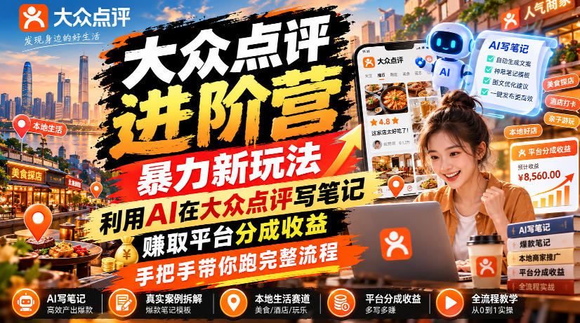 大众点评进阶营，暴力新玩法，利用AI在大众点评写笔记， 賺取平台分成收益，手把手带你跑完整流程-副业资源网