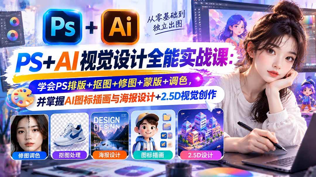 (20749期)【无水印】PS+AI视觉设计全能实战课:学会PS排版+抠图+修图+蒙版+调色,并掌握AI图标插画与海报设计+2.5D视觉创作-邪修侠