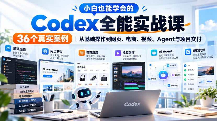 小白也能学会的Codex全能实战课｜36个真实案例，从基础操作到网页、电商、视频、Agent与项目交付-网创百晓生