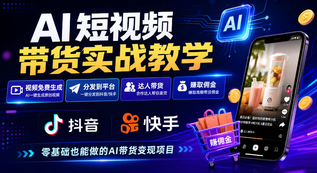 AI短视频带货实战教学，视频免费生成，分发到抖音快手平台，达人带货賺佣金-副业资源网