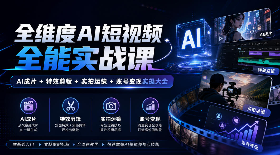 全维度AI短视频全能实战课,AI成片+特效剪辑+实拍运镜+账号变现实操大全 全维度AI短视频全能实战课,AI成片+特效剪辑+实拍运镜+账号变现实操大全