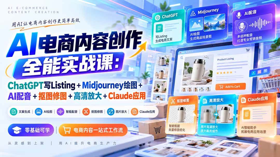 (20770期)【无水印】AI电商内容创作全能实战课:ChatGPT写Listing+Midjourney绘图+AI配音+抠图修图+高清放大+Claude应用 (20770期)【无水印】AI电商内容创作全能实战课:ChatGPT写Listing+Midjourney绘图+AI配音+抠图修图+高清放大+Claude应用