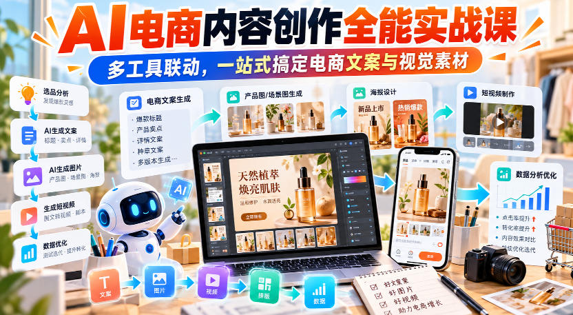【无水印】AI电商内容创作全能实战课|多工具联动,一站式搞定电商文案与视觉素材 【无水印】AI电商内容创作全能实战课|多工具联动,一站式搞定电商文案与视觉素材