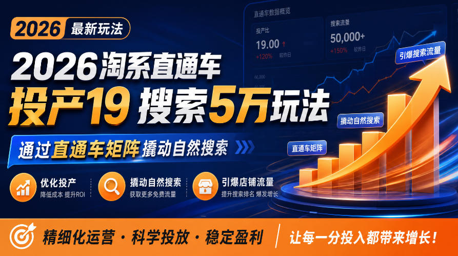 2026淘系直通车投产19搜索5万玩法,通过直通车矩阵撬动自然搜索,帮助商家优化投产,引爆店铺搜索流量 2026淘系直通车投产19搜索5万玩法,通过直通车矩阵撬动自然搜索,帮助商家优化投产,引爆店铺搜索流量